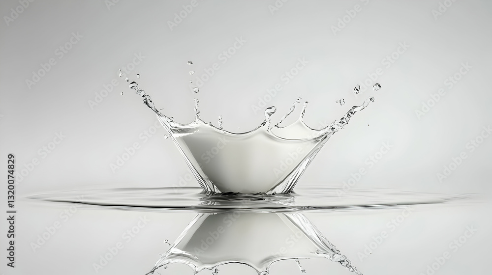 Poster 3d render of a liquid splash: water droplet creates a crown-shaped spout with symmetrical reflection