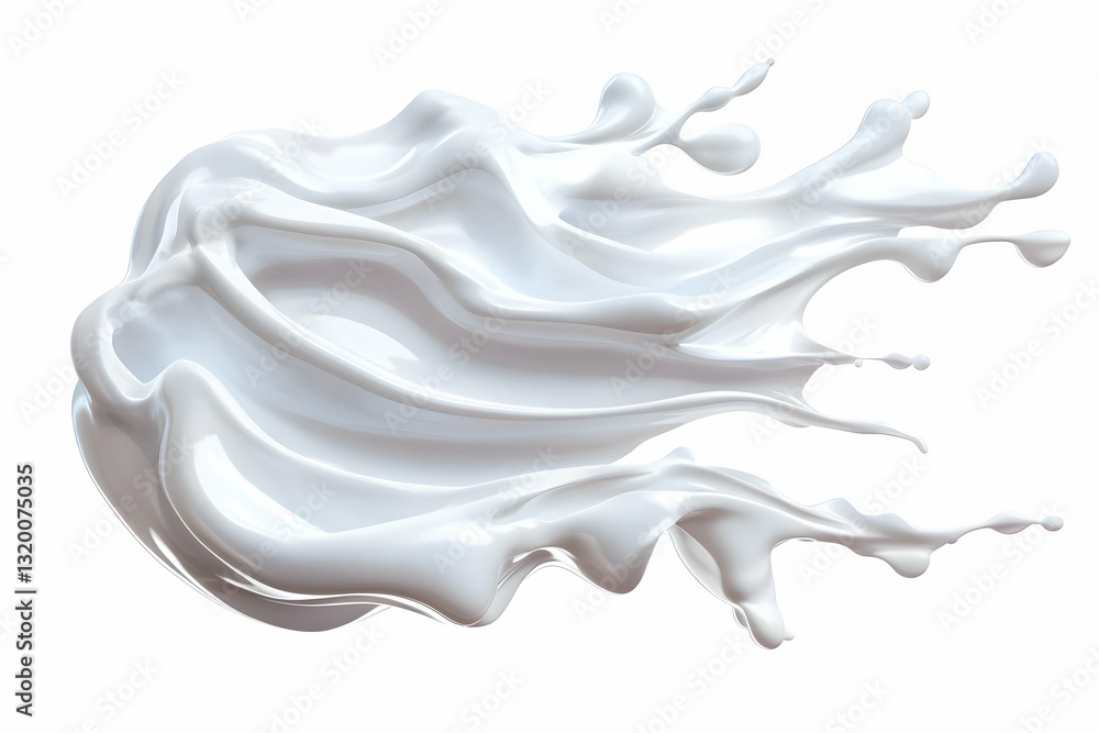 Poster 3d render of a white liquid splashing dynamically, creating an abstract background with smooth, flow