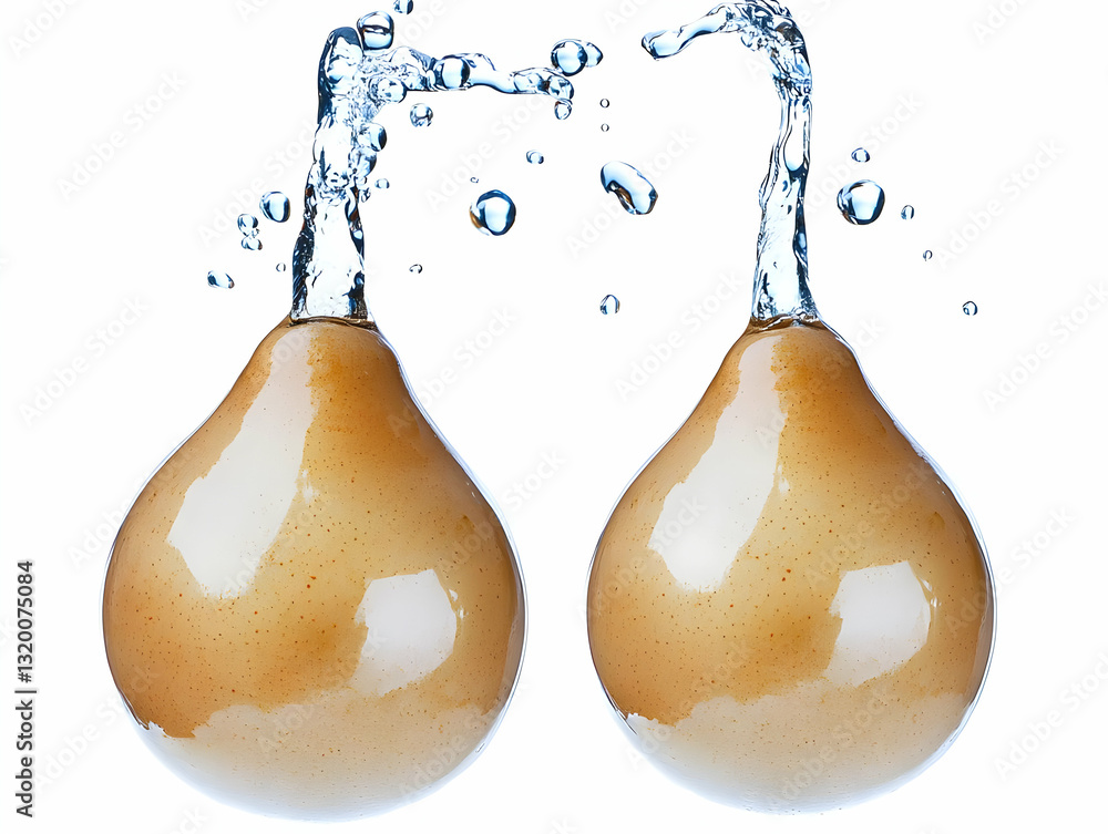 Poster 3d render of two pears with water splashing upwards, creating a dynamic and abstract composition aga
