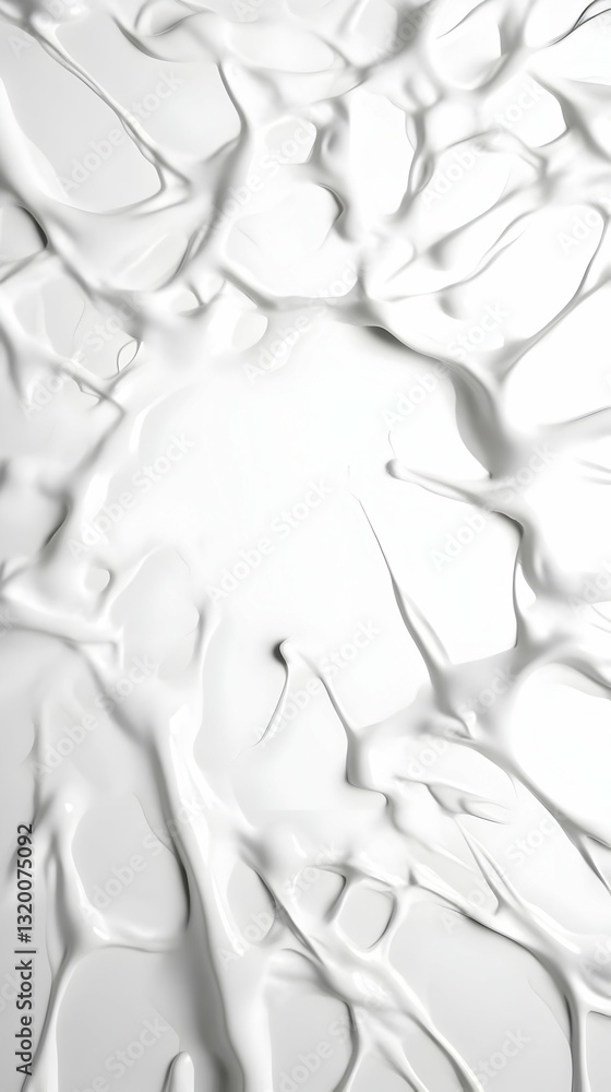 Poster abstract 3d render of white liquid forming intricate patterns and textures, creating a visually stri