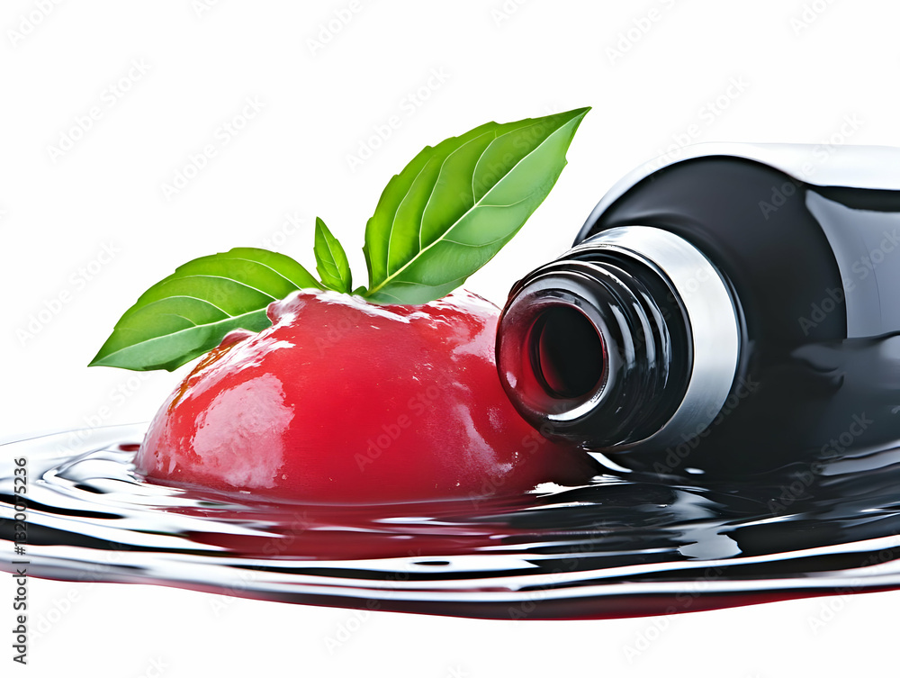 Poster red liquid pours from bottle onto a tomato with basil, creating abstract background