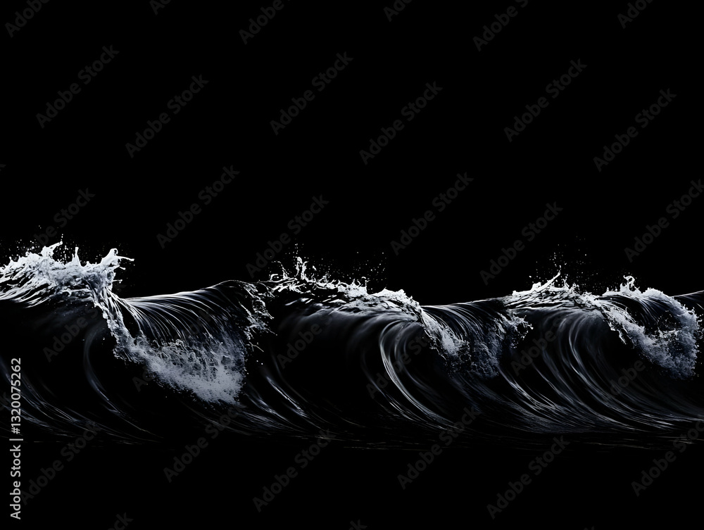 Poster dynamic 3d render of ocean waves crashing against a black background, creating a dramatic and powerf