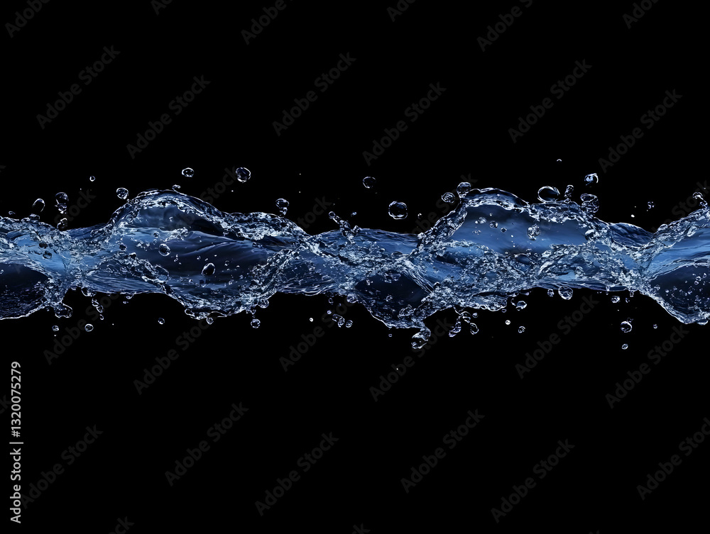 Poster 3d render of water waves crashing and splashing, abstract blue liquid texture on black background, d