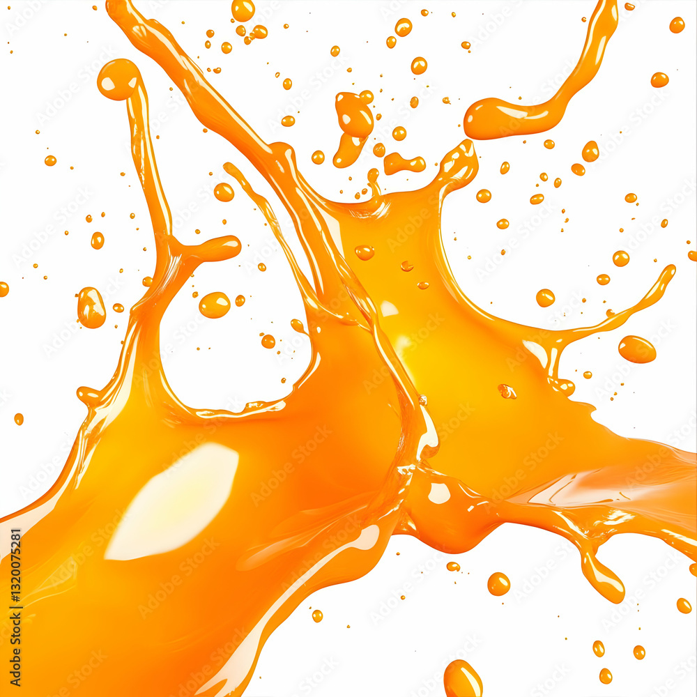 Poster 3d render of vibrant orange liquid splashing dynamically against white background, showing texture a