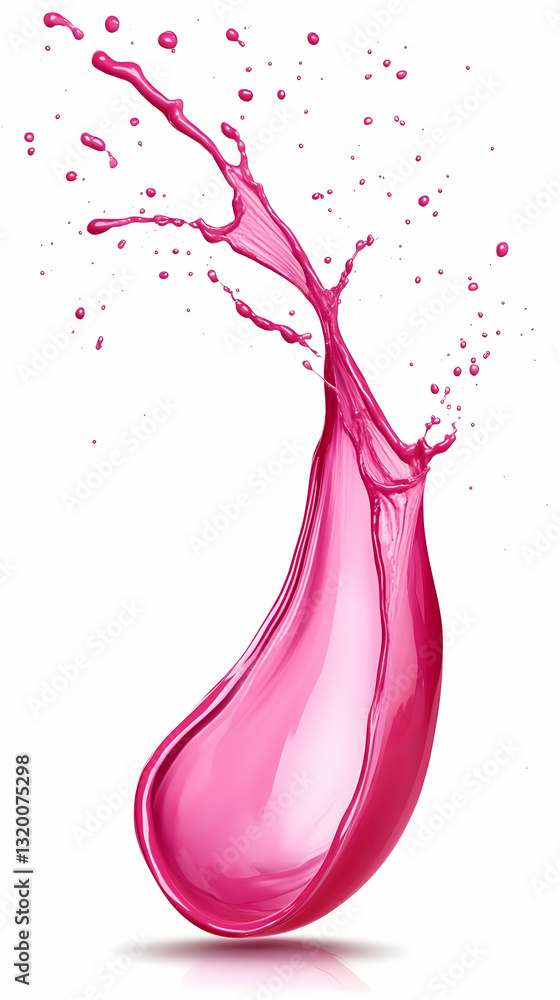 Poster vibrant pink liquid splashing dynamically against white background, 3d render of an abstract design