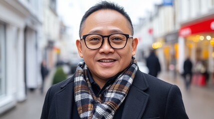 Obraz premium A man wearing glasses and a plaid scarf is smiling. He is standing on a sidewalk in front of a building
