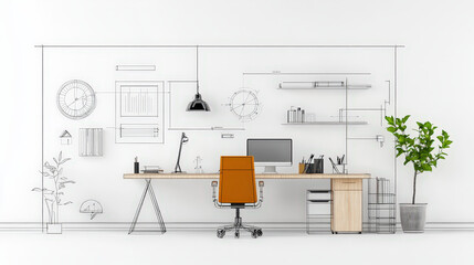 Modern office design with stylish desk, chair, and plant