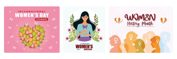 International Women's Day poster with floral decoration, cheerful girl and gender symbols.