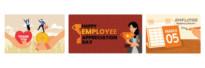 Celebrating Employee Appreciation Day featuring awards, trophies, and calendars.