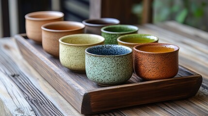 A selection of herbal teas in earthy ceramic cups on a wooden tray. 