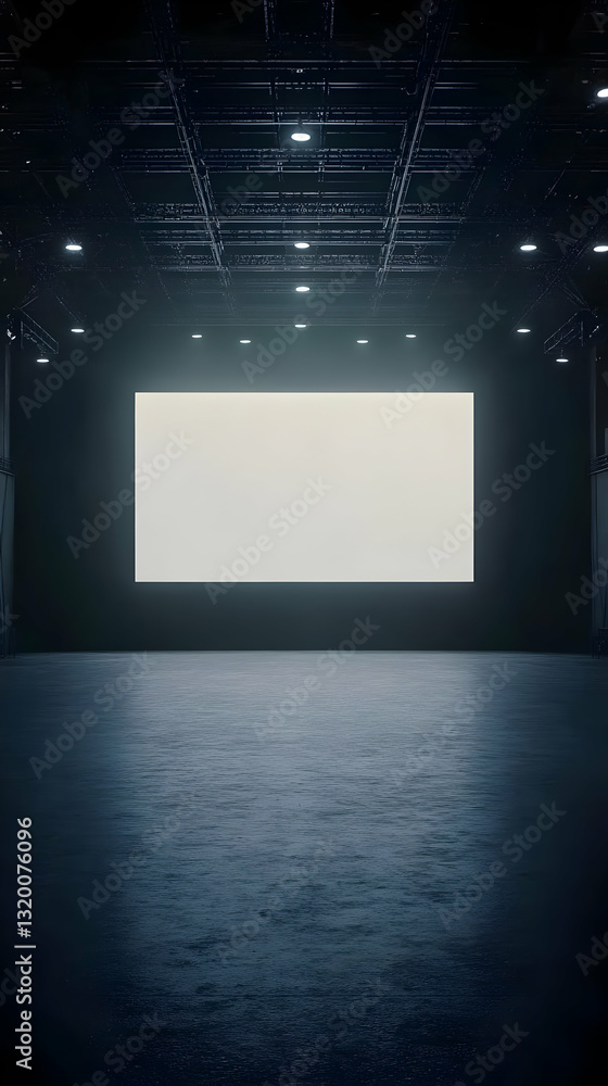 Poster Dark Industrial Space with Illuminated Blank Screen: A 3D Rendered Abstract Background for Presentation or Design Projects