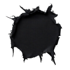 Hole in black fabric with frayed edges, isolated on white background