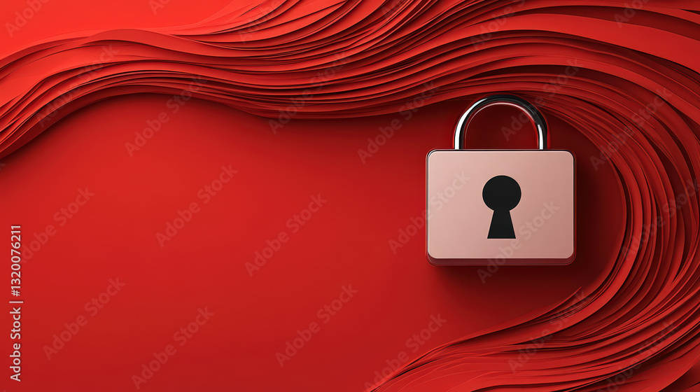 Poster secure padlock on vibrant red background with flowing paper waves