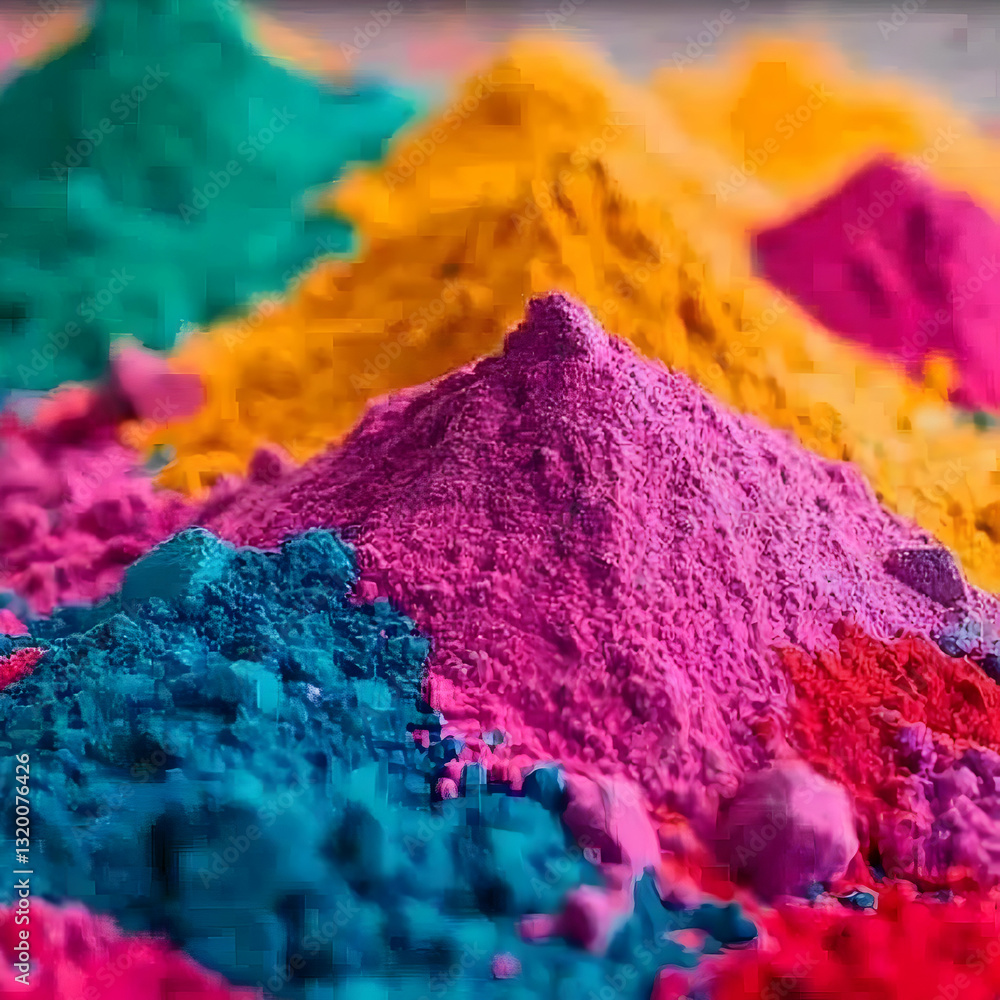 Poster Vibrant Abstract Powder Hues: A Colorful Composition of  Textured Pigment Piles in Vivid Shades, Creating a Dynamic and Artistic Background