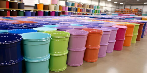 Colorful Stacked Plastic Containers in Warehouse Setting: A Vivid Display of Assorted Cylindrical Storage Units Arranged in Rows,