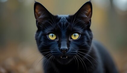Fototapeta premium Intense Black Cat Portrait with Bright Yellow Eyes Outdoors in Autumn