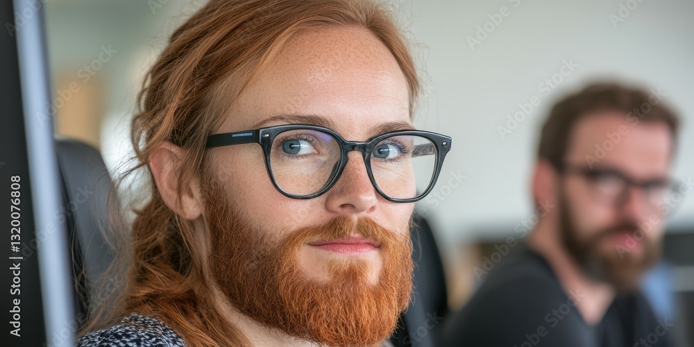 Aufkleber a man with a beard and glasses is sitting in front of a computer. another man is sitting behind him