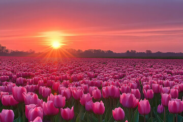 Vibrant Pink Tulips Field at Sunrise, a Breathtaking Landscape of Blossoms Bathed in Golden Sunlight, Creating a Serene and Colorful Scene.
