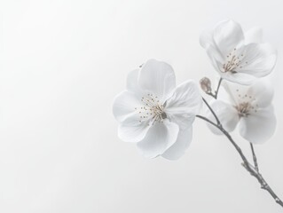 Delicate blossoms or flowers in the corner of a white gray background

