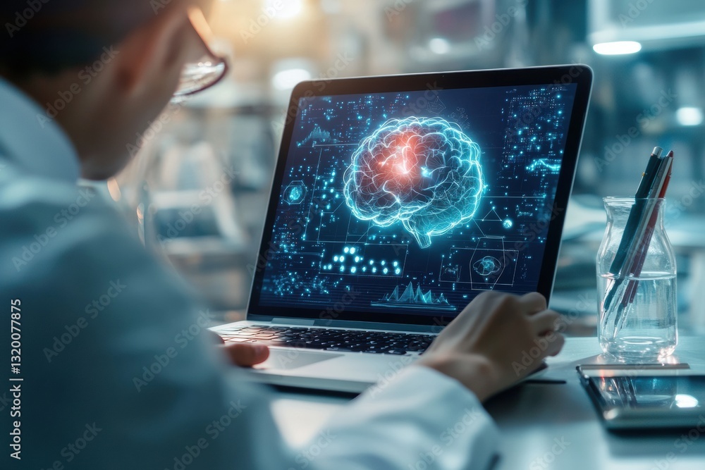 Poster student engages with ai driven virtual learning environment on laptop for enhanced education experie