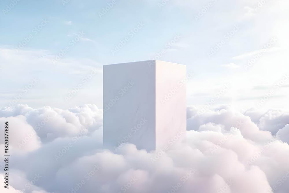 Poster 3d render of white cubic structure emerging from cloudscape, serene abstract background image