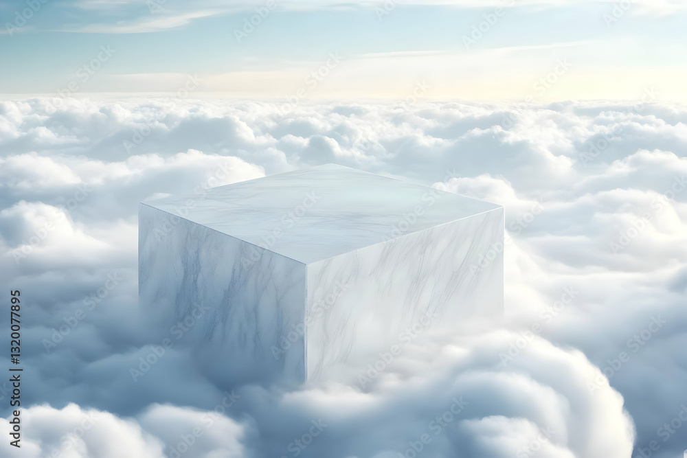 Poster 3d render of marble cube floating above cloudscape: serene abstract background for design
