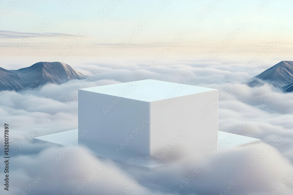 Poster 3d render of a white cube display platform above clouds and mountains at sunrise