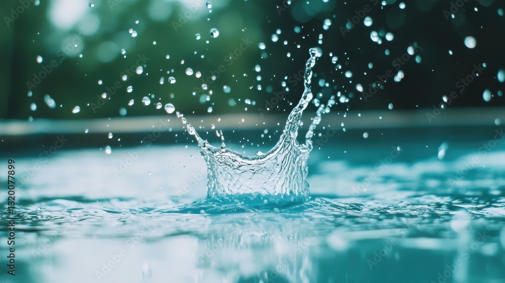 Poster stunning close-up of water droplet creating splash in calm pool with reflections and soft green back