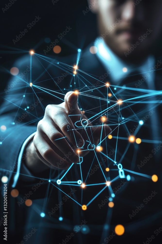 Poster 3d rendering of a businessman linking technology devices together.