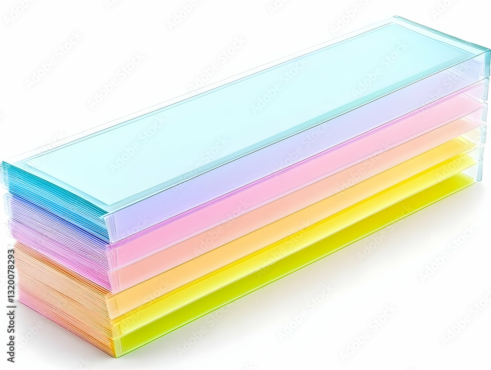 Poster stack of pastel-colored rectangular sheets in transparent case, showing layers of color, abstract ba