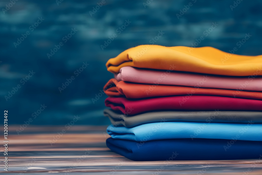 Poster stack of colorful fabrics resting on wooden surface against a dark blue background, abstract texture