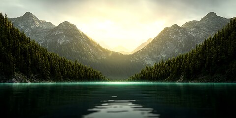 Fototapeta premium Serene mountain landscape with a tranquil lake reflecting the sunrise amidst lush greenery