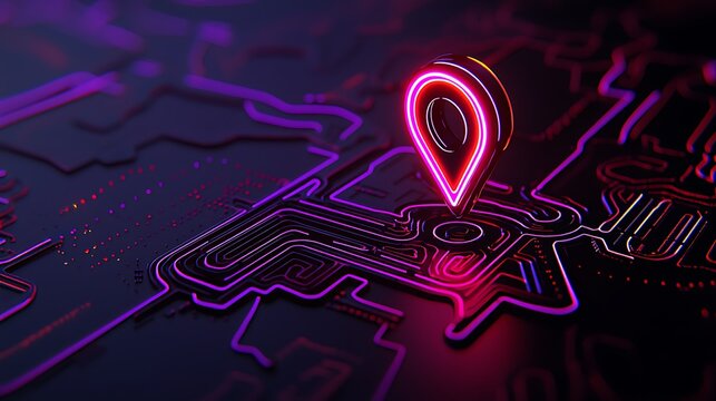 Neon Location Marker on Circuit Board Abstract