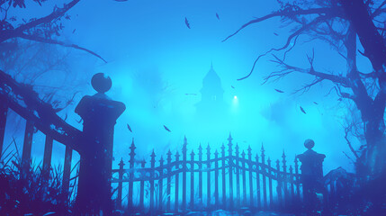 Eerie fog envelops an abandoned mansion behind a wrought iron gate, surrounded by twisted trees and leaves