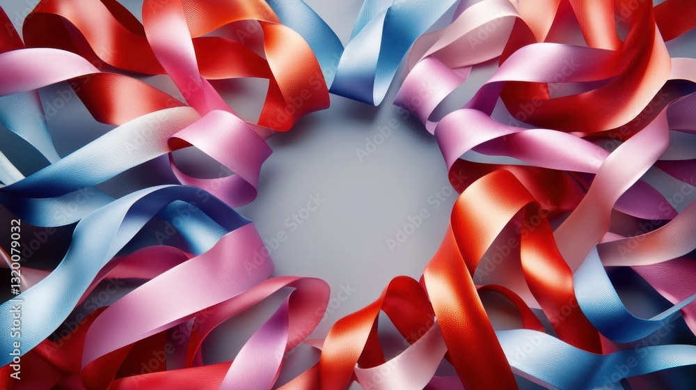 Poster Ribbons and bows elegantly arranged in a spiral pattern, designed for branding or text inclusion