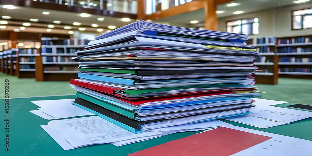 Poster a large stack of papers and folders sits on a table in a library setting, showcasing office paperwor