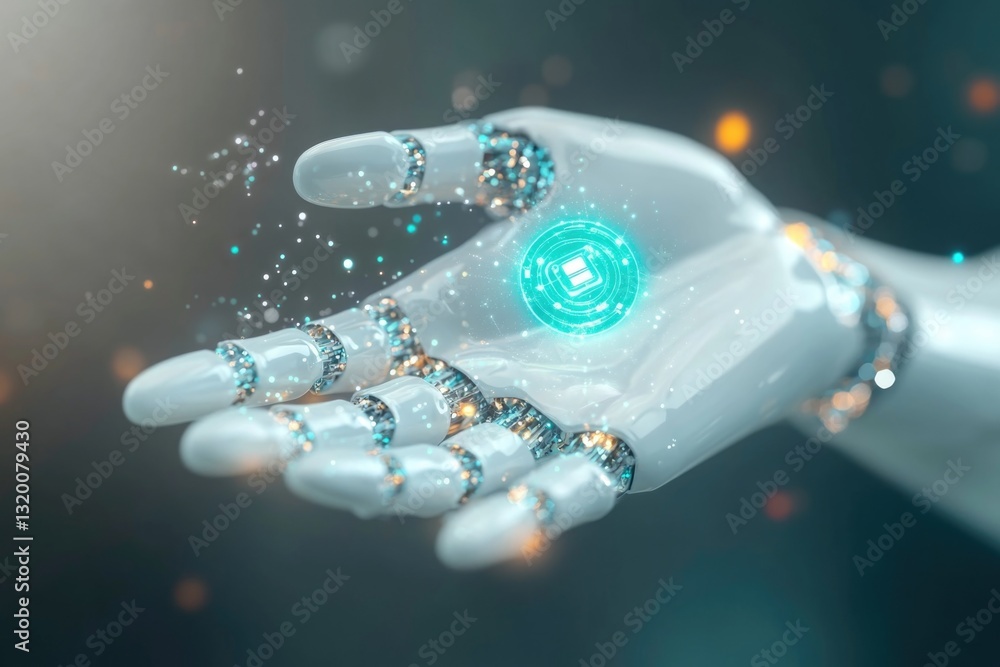 Poster 3d rendering of a white humanoid hand featuring a digital artificial intelligence icon hologram.