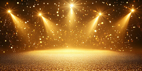 Golden Glitter Background with Spotlight Illumination, Abstract Festive Design for Celebration Events.