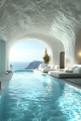 3D rendering of an opulent swimming pool in Santorini.