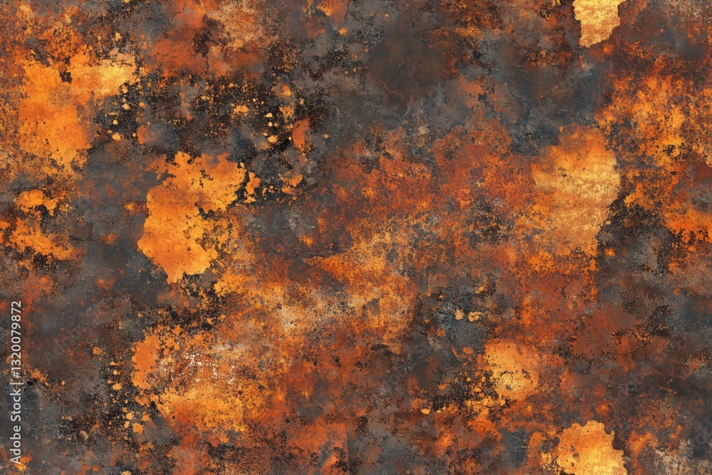 Poster seamless ferrous metal textured background featuring a blend of rust and orange hues, with dark and 