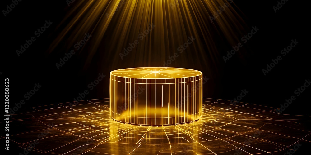 Poster golden luminous cylinder rests on a glowing grid, illuminated by bright rays in a dark abstract back