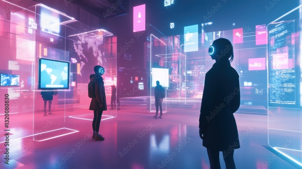 Aufkleber Digital avatars interact within a vibrant metaverse lobby featuring holographic screens and interfaces for enhanced social connection and engagement