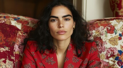 Fototapeta premium A woman is sitting on a couch wearing a red jacket. She has dark hair and is wearing a necklace