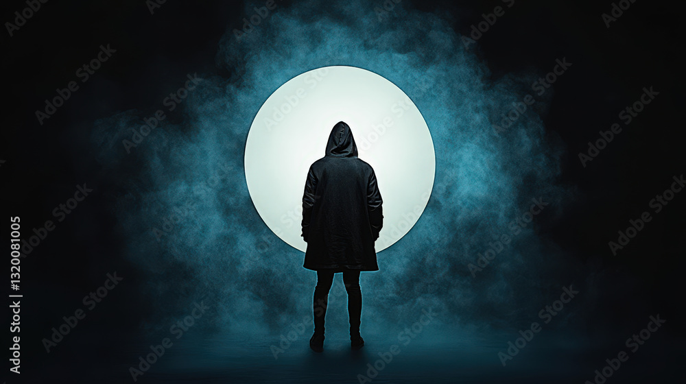 Poster mysterious figure stands front of large illuminated circle, surrounded by smoke. dark attire and hoo