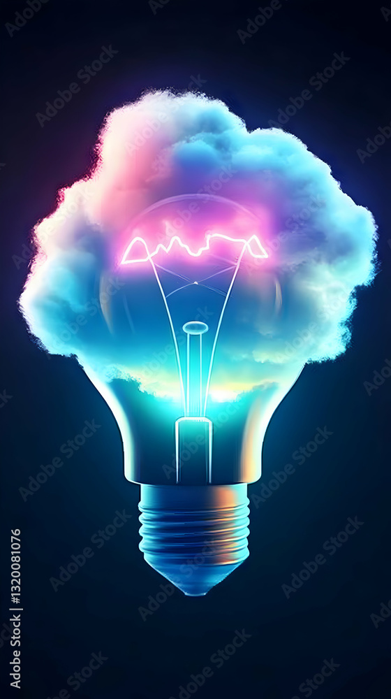 Poster 3d render of a light bulb transformed into a glowing cloud, illuminated with neon hues on a dark bac
