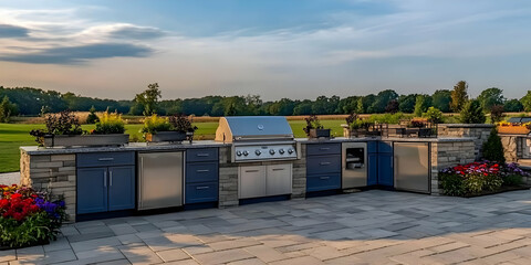 Outdoor kitchen with built-in grill, cabinetry, and stonework situated on a patio overlooking a lush green landscape under a partly cloudy sky.