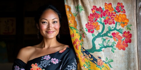 A woman is standing in front of a curtain with a floral pattern. She is smiling. The curtain is hanging on the wall