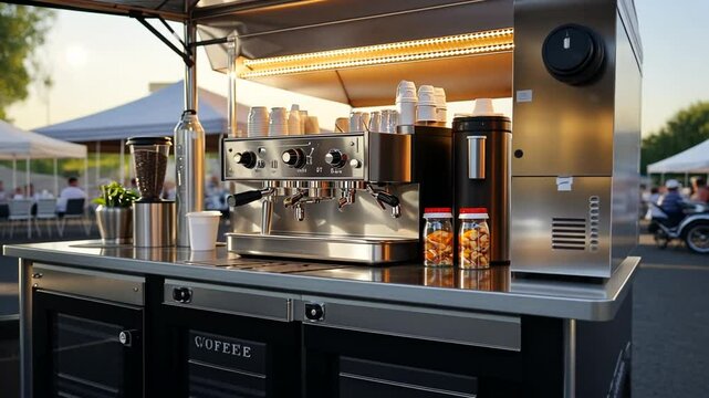 Elegant stainless steel coffee machine on a catering cart offers a unique experience