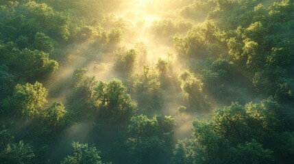 Sunlight shines through the trees in a dense green forest