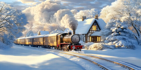 A Steam Train Journeys Through a Snowy Winter Landscape, Passing a Cozy Cottage Illuminated by Warm Light